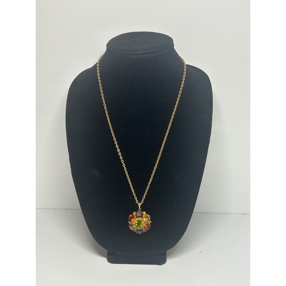 Multicolor Glass Stones Green Amber Golden Tone Medallion Necklace MCM Jewelry - Picture 2 of 9